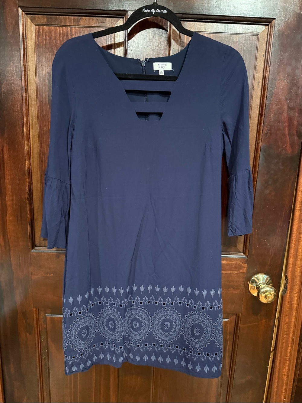 crown & ivy navy blue embroidered-hem women's tunic with ladder neckline